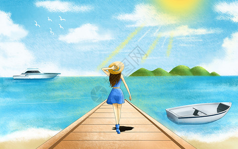 游艇沙滩海边旅游插画插画