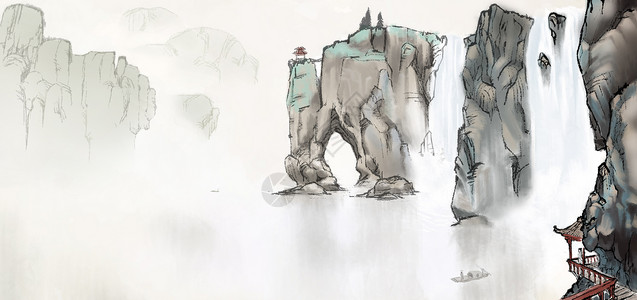 中国瀑布水墨背景插画