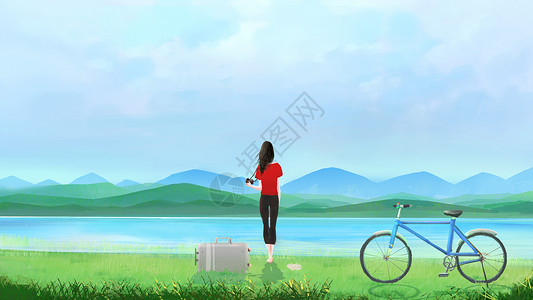 自行车与美景一个人看风景插画