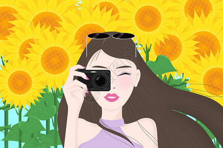 开心年轻女性在花丛中拍照的女孩插画