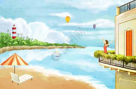 海滩女孩红气球海边旅游插画