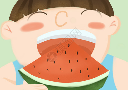 人物夸张吃西瓜的小胖子插画