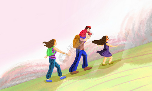 奔跑的一家人家庭旅游插画