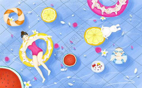 粉色女士的泳衣夏至凉爽的泳池插画