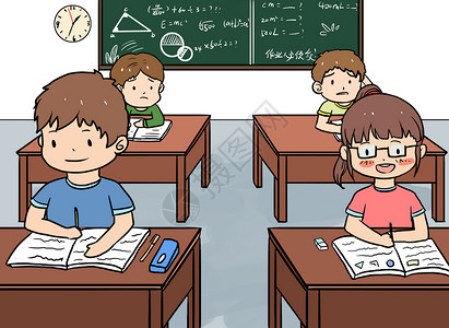 清新安静男生教室里写作业做作业漫画插画