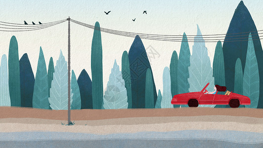 汽车引擎盖手绘公路旅行插图插画