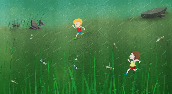 蜻蜓点水草地上追逐的小男孩插画