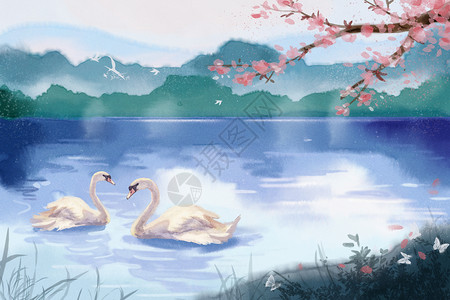 天鹅湖小清新水彩天鹅风景插画