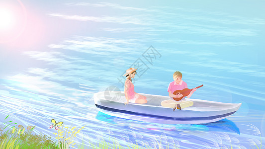 甜蜜热恋情侣我们在小船上插画