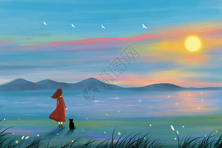 背红色包的女人旅途中看日落的女孩插画