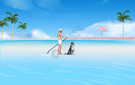 马尔代夫海滩沙滩冲浪插画