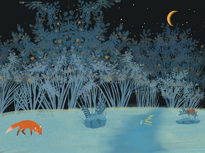 寻找有梦想的你月夜小狐狸背景素材插画