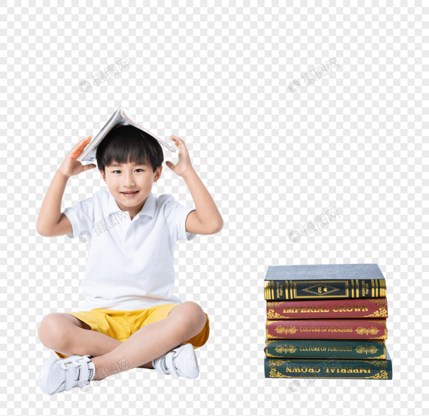 盘腿顶着书的小孩图片