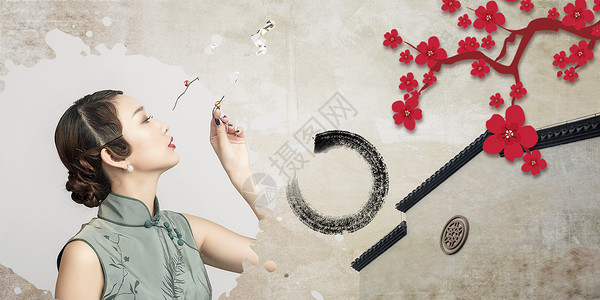 枫叶免抠素材中国风美女海报背景设计图片