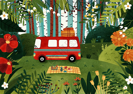 露营巴士旅途插画