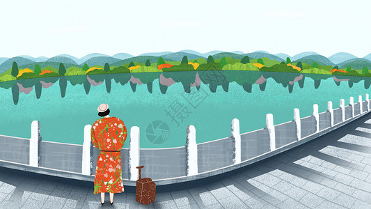 青砖湖路夏天桥头看风景插画