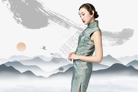短旗袍古典美女海报背景设计图片