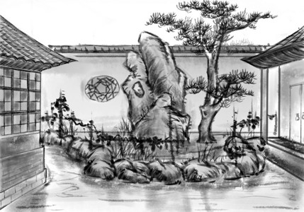 奇石盆景素材苏州园林插画