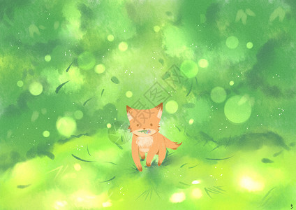 绿橙背景素材深林狐狸插画