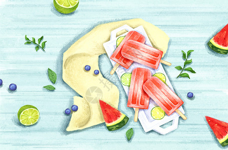 盘子里的西瓜夏天冰棍水果背景插画