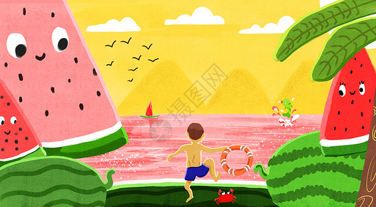 小暑游泳吃瓜的孩子高清图片