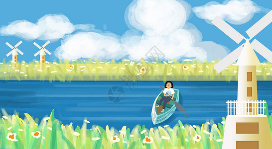 划船的小女孩儿小清新旅行插画场景插画