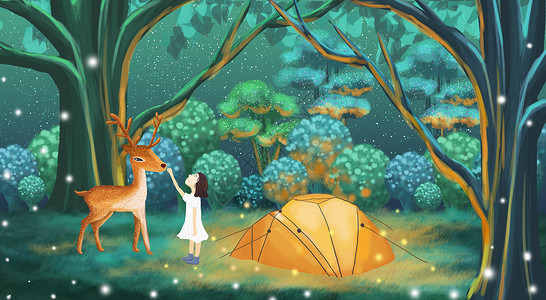 树林中的鹿林中露营的女孩儿插画