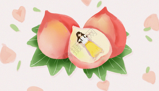一朵粉玫瑰桃子少女插画