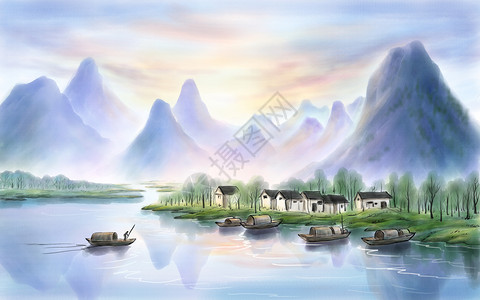 清水绿水水墨山水画背景插画