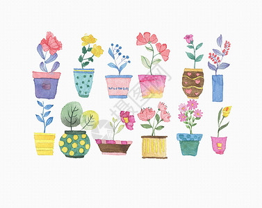 手绘盆景水彩植物花卉盆景插画