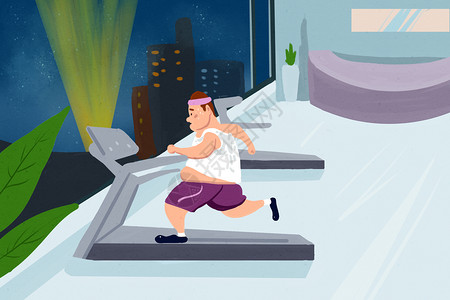 健身房内景卡通运动健身健身房胖子健身插画