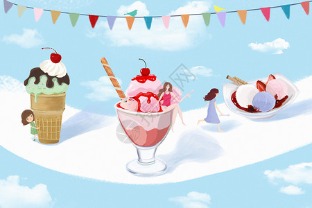 冰淇淋女孩蓝天和樱桃高清图片