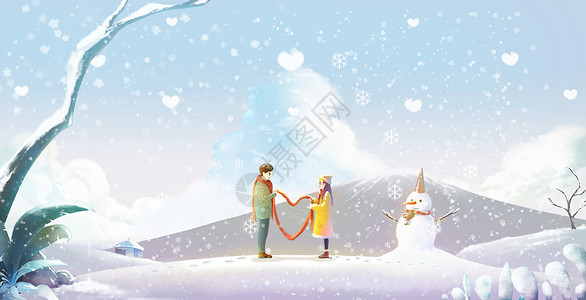 雪人和小孩子冬季旅行插画