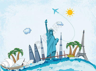 美国 旅游留学 旅行插画
