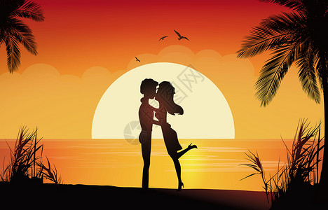 海边亲吻情人节插画