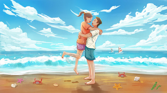 蜜月套房海边度假的情侣插画