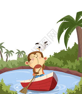 猴子和小鸟小猴子划船插画
