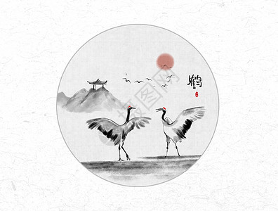 红色鹤印章鹤中国风水墨画插画