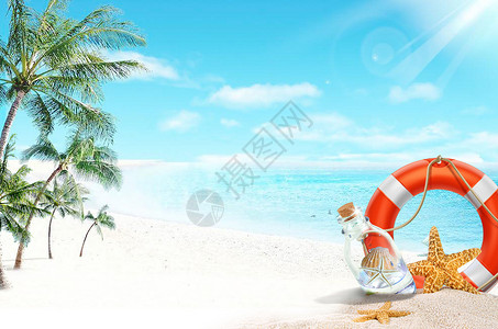 沙滩漂流瓶旅游度假背景设计图片