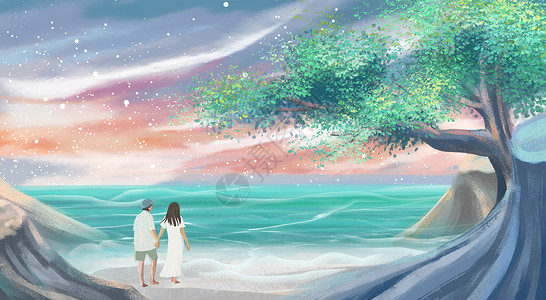 一个人走在路上浪漫海边情侣插画