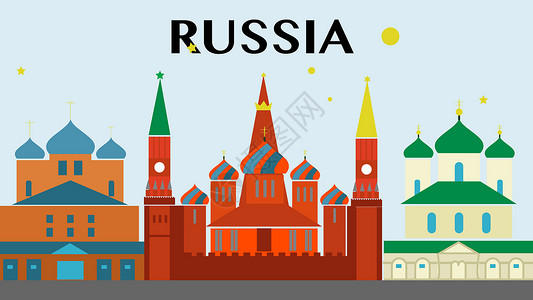 红场俄罗斯城市地标背景插画