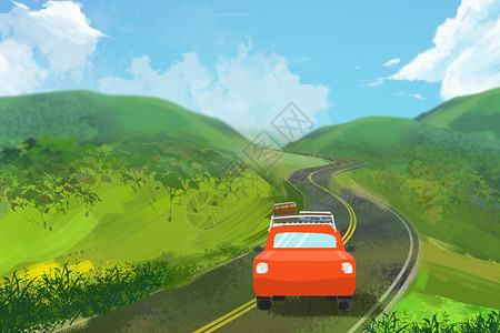 开车公路旅行在路上插画
