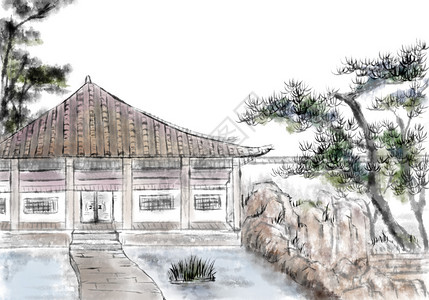 奈良古寺寺庙水墨画高清图片