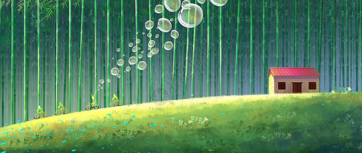 绿色泡泡旅途的风景竹林插画