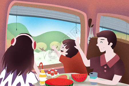 夏季零食坐车去旅行插画