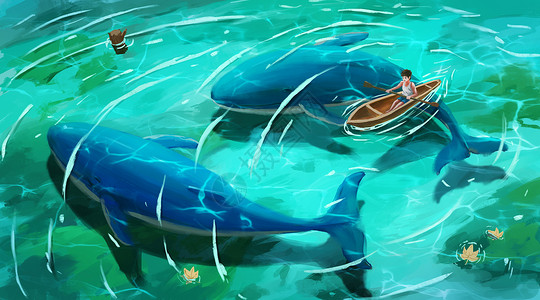 儿童划船男孩与鲸鱼插画
