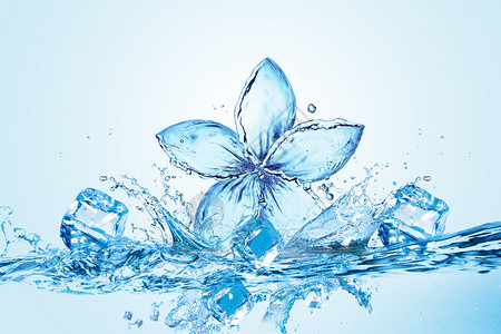漂浮蓝色爱心创意冰块花朵场景设计图片