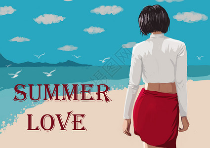 热爱夏天夏日海边的女孩背影插画