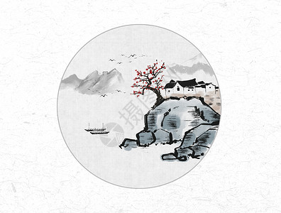 老石房子山水风景中国风水墨画插画