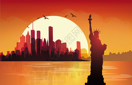 纽约天际线美国自由女神建筑剪影插画